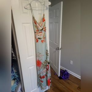 Beautiful silky satin seafoam maxi dress with floral detail